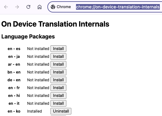 Chrome 내장 번역 모델 관리 화면에서 en-ko 패키지를 제거하고 설치하는 화면